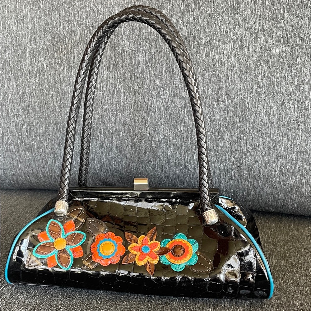 Brighton handbag satchel mock crock black patent leather appliqués flowers Y2K